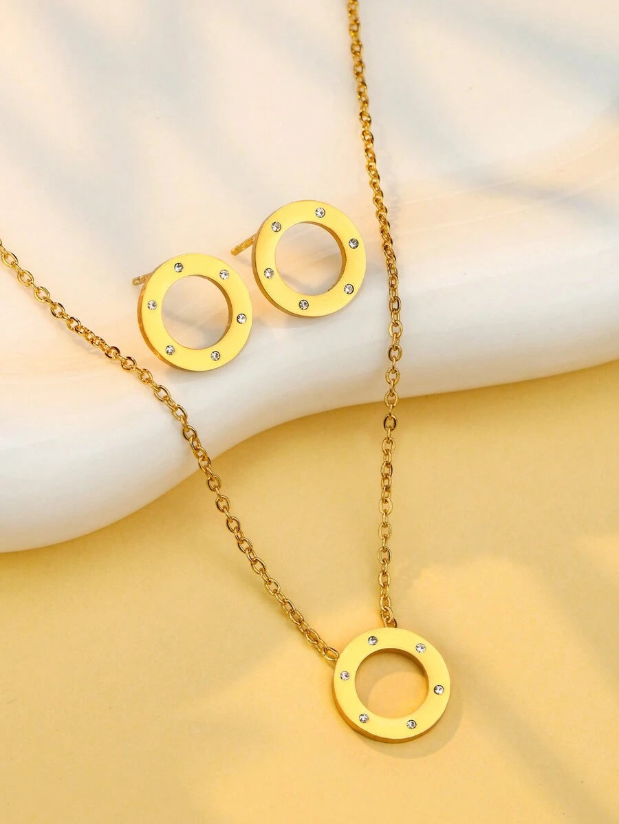 SHEIN طقم 3 قطع مجوهرات ذهبية ستانلس ستيل وزركونيا