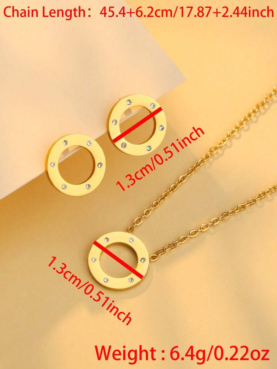 SHEIN طقم 3 قطع مجوهرات ذهبية ستانلس ستيل وزركونيا