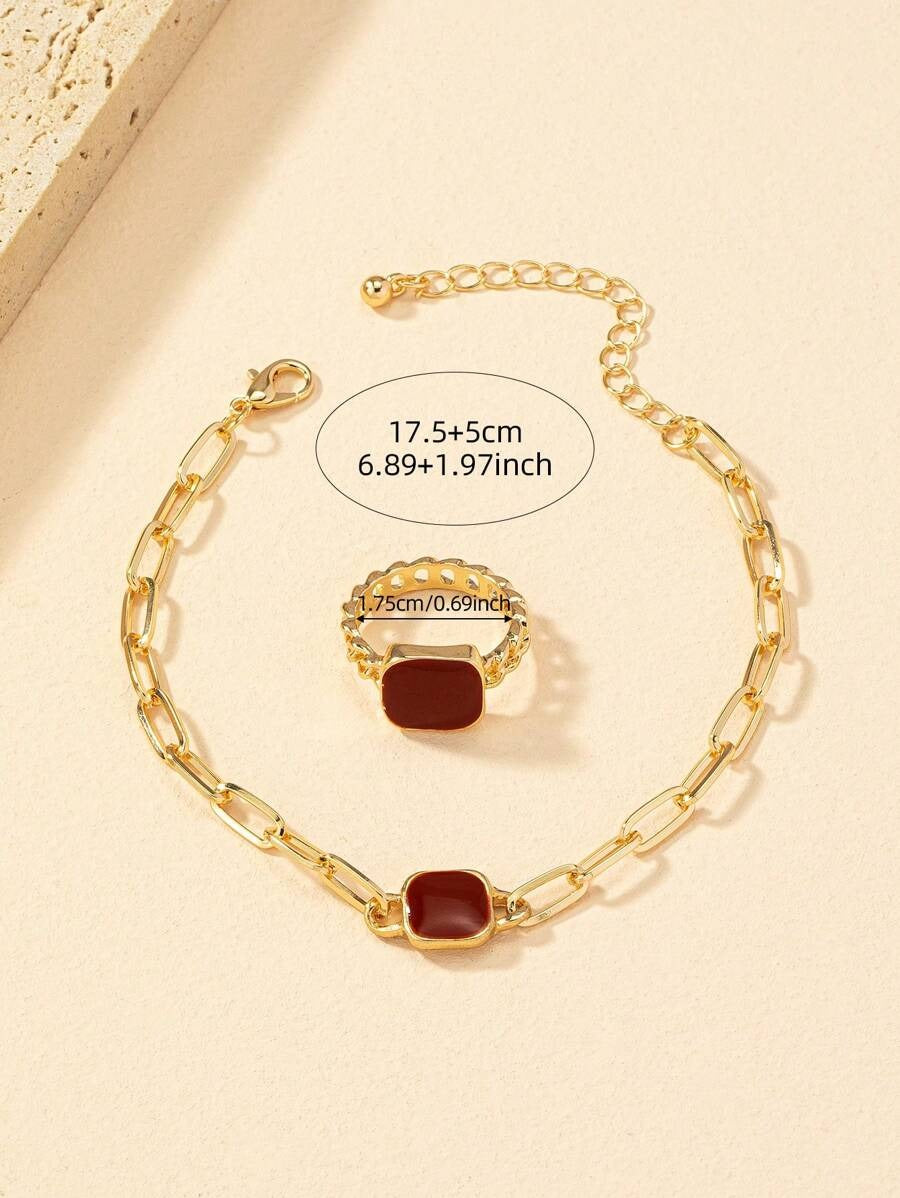 SHEIN مجموعة سوار وخاتم مربع معدني
