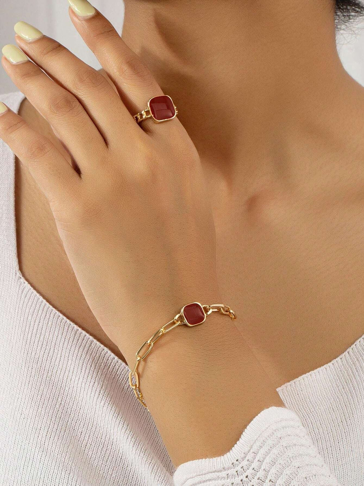 SHEIN مجموعة سوار وخاتم مربع معدني