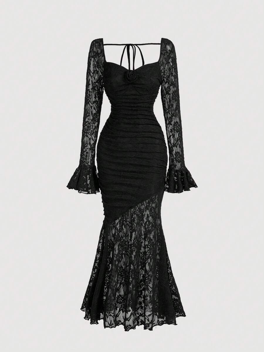 SHEIN MOD فستان أسود طويل بنقوش أزهار
