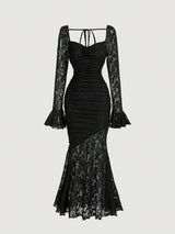 SHEIN MOD فستان أسود طويل بنقوش أزهار