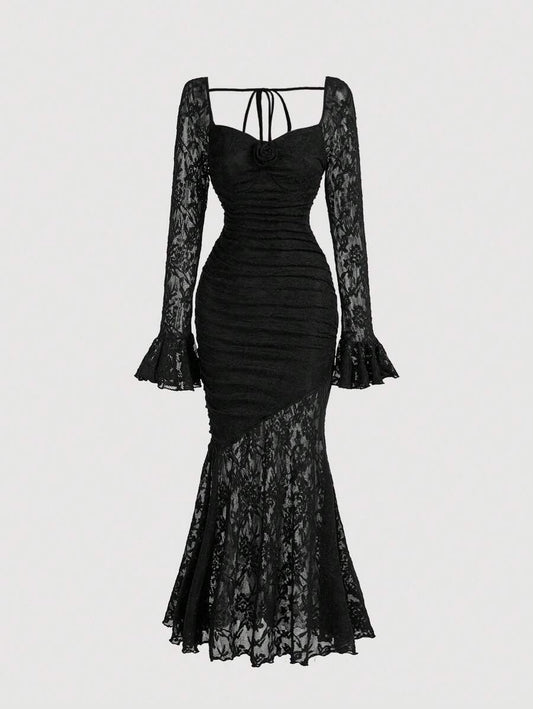 SHEIN MOD فستان اسود طويل بنقوش أزهار