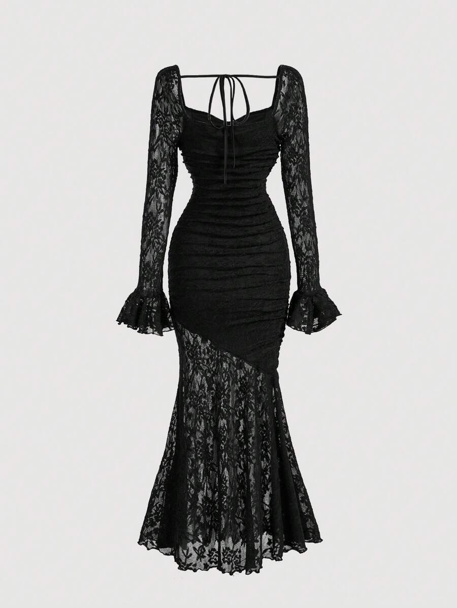 SHEIN MOD فستان أسود طويل بنقوش أزهار