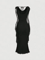 SHEIN MOD فستان أسود بربطة خصر وفتحات وياقة عميقة