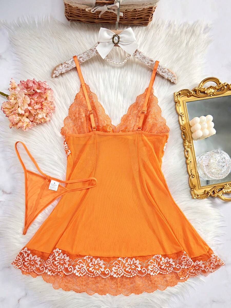 SHEIN طقم ملابس نوم دانتيل وشبك بربطة عقدة