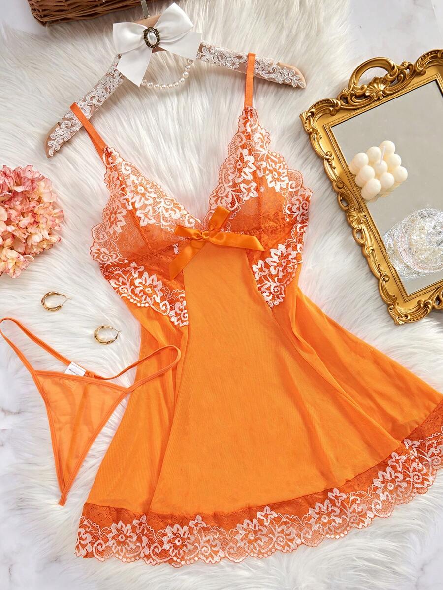 SHEIN طقم ملابس نوم دانتيل وشبك بربطة عقدة