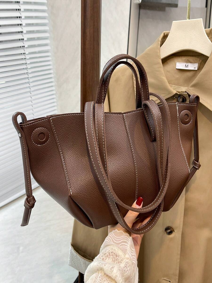 SHEIN حقيبة يد بنية كبيرة بسعة واسعة وتصميم عصري