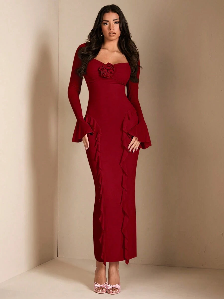 SHEIN BAE طقم بوردو بفستان احمر مزخرف وقميص طويل