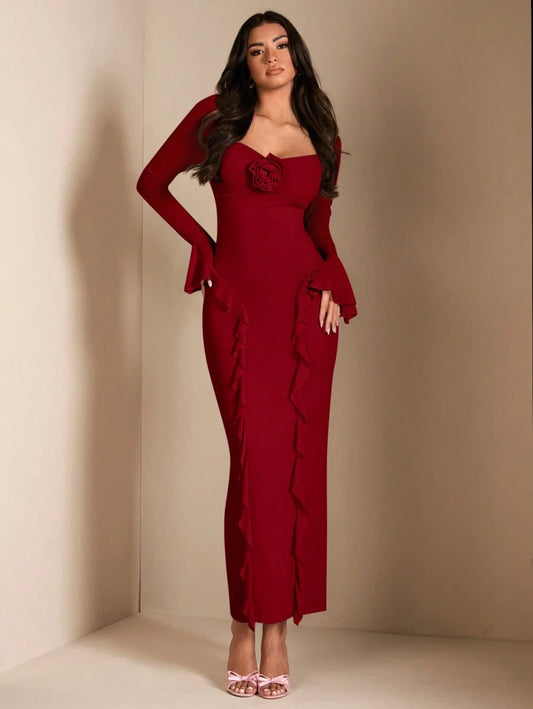 SHEIN BAE طقم بوردو بفستان احمر مزخرف وقميص طويل