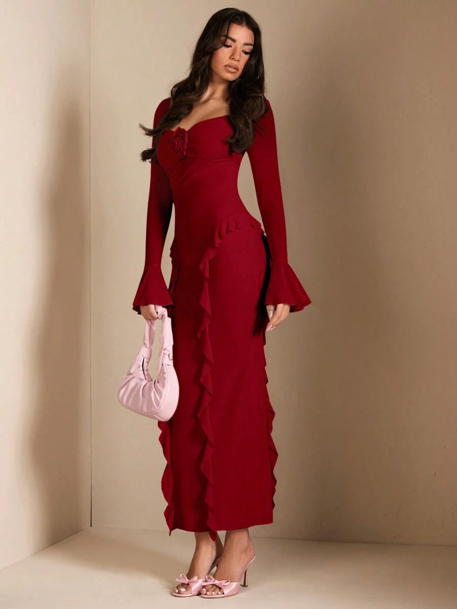 SHEIN BAE طقم بوردو بفستان احمر مزخرف وقميص طويل