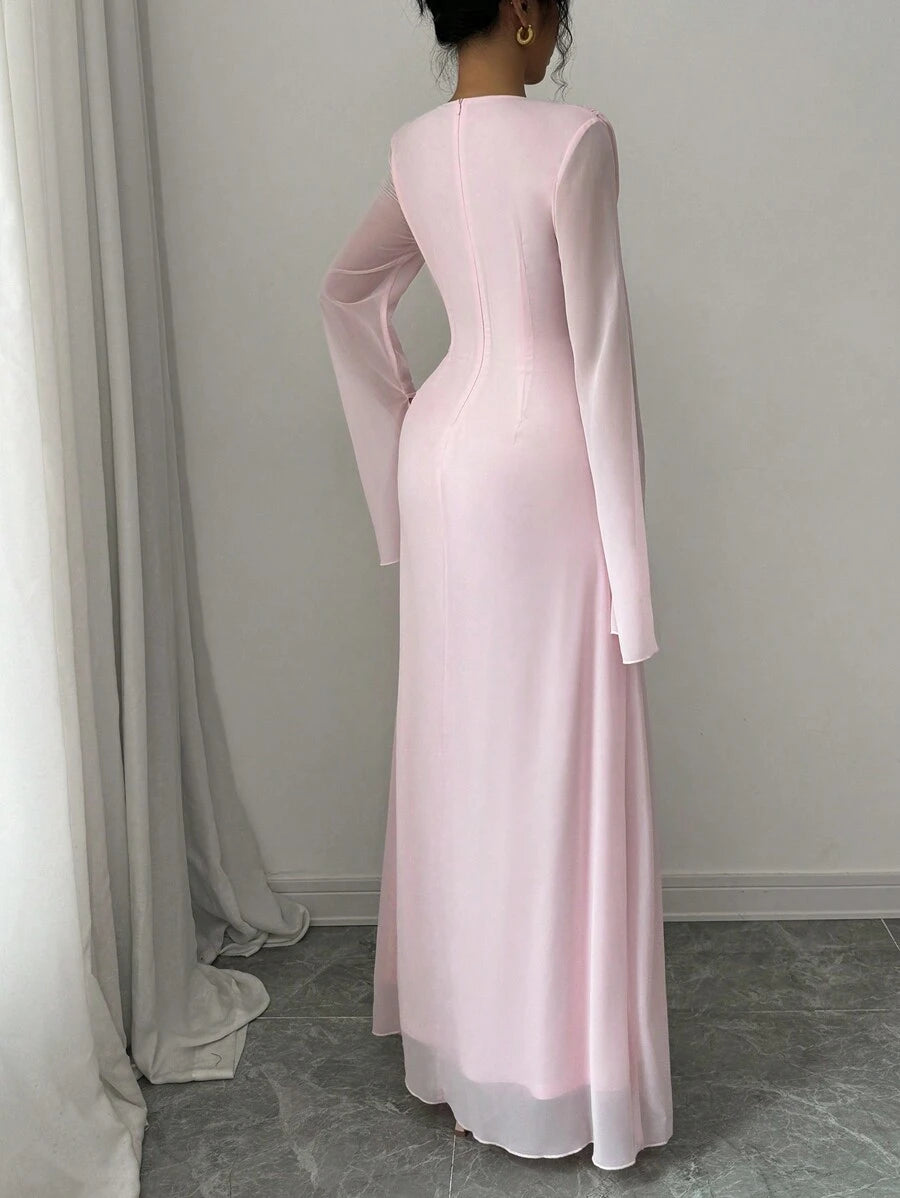 SHEIN Elenzga فستان طويل وردي بأكمام متفرعة وكرانيش