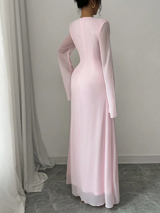 SHEIN Elenzga فستان طويل وردي بأكمام متفرعة وكرانيش