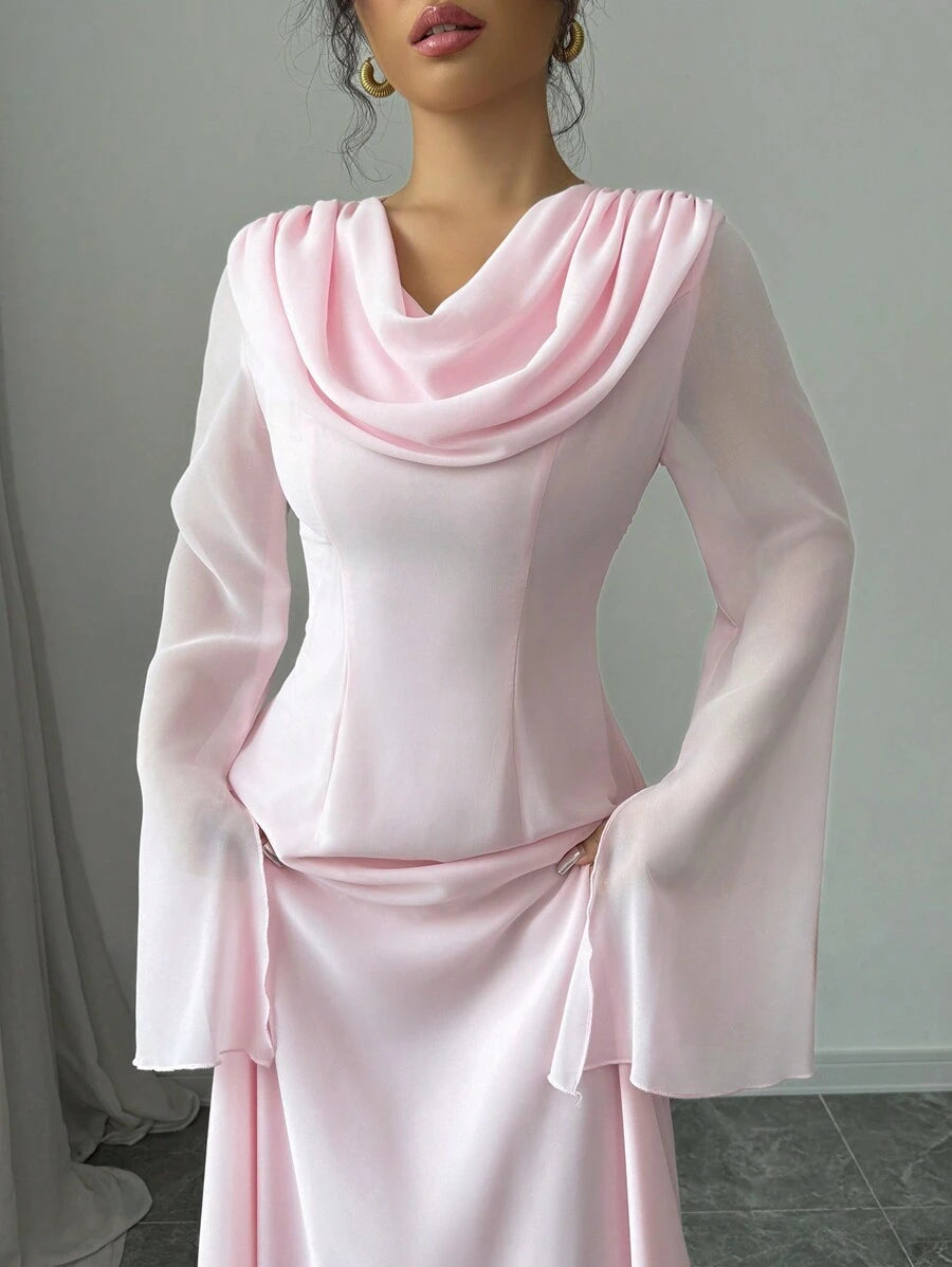 SHEIN Elenzga فستان طويل وردي بأكمام متفرعة وكرانيش