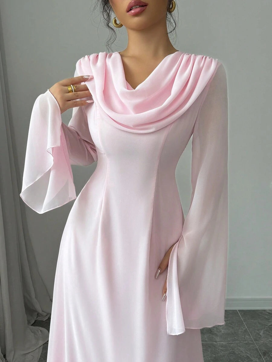 SHEIN Elenzga فستان طويل وردي بأكمام متفرعة وكرانيش