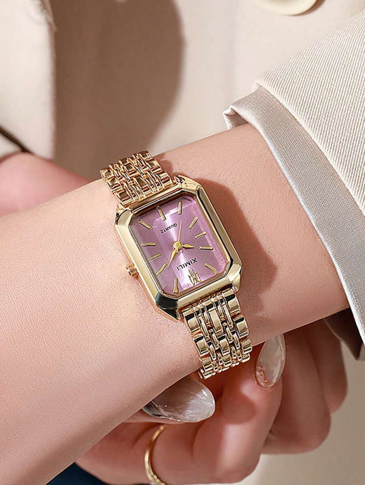 SHEIN ساعة كوارتز مربعة نسائية فاخرة بسوار ستانلس ستيل