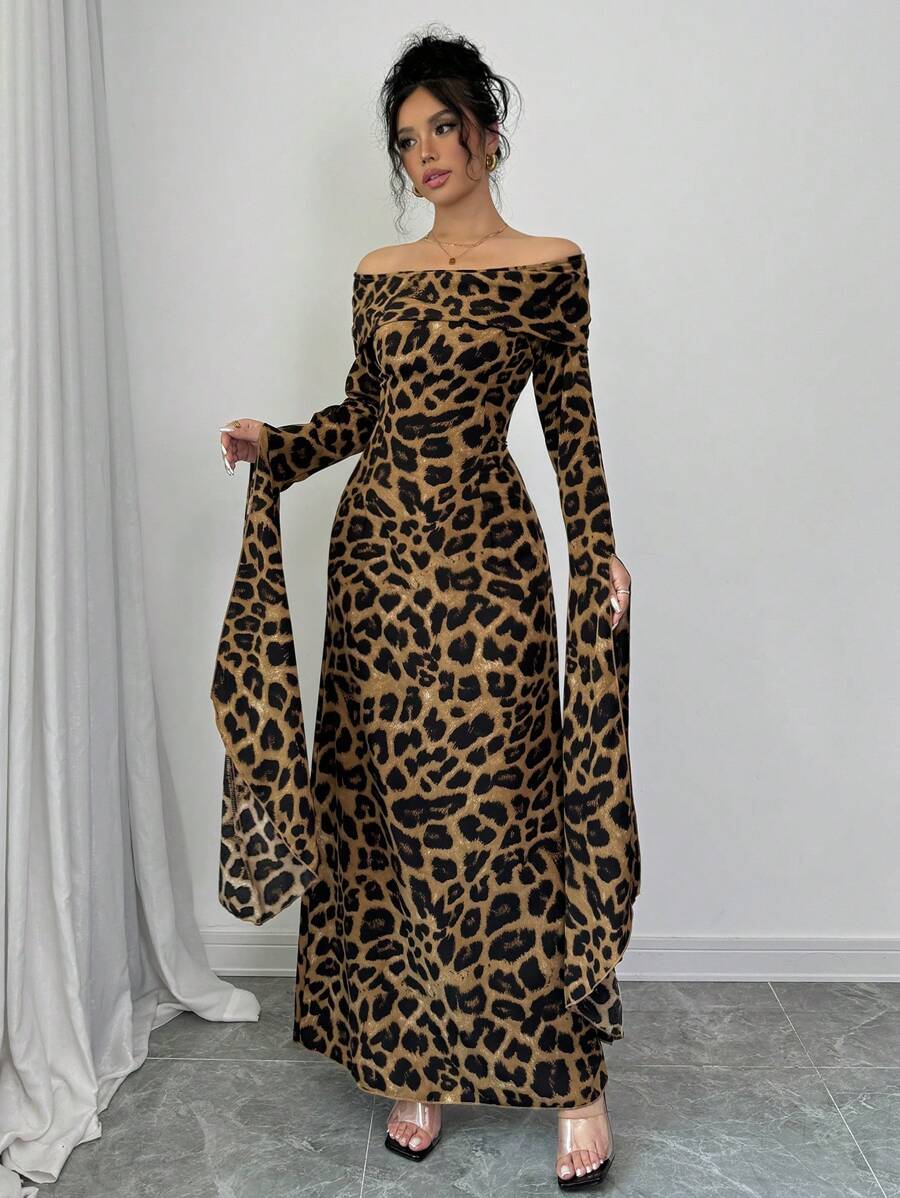 SHEIN Elenzga فستان ماكسي بطبعة نمر وأكمام متدلية