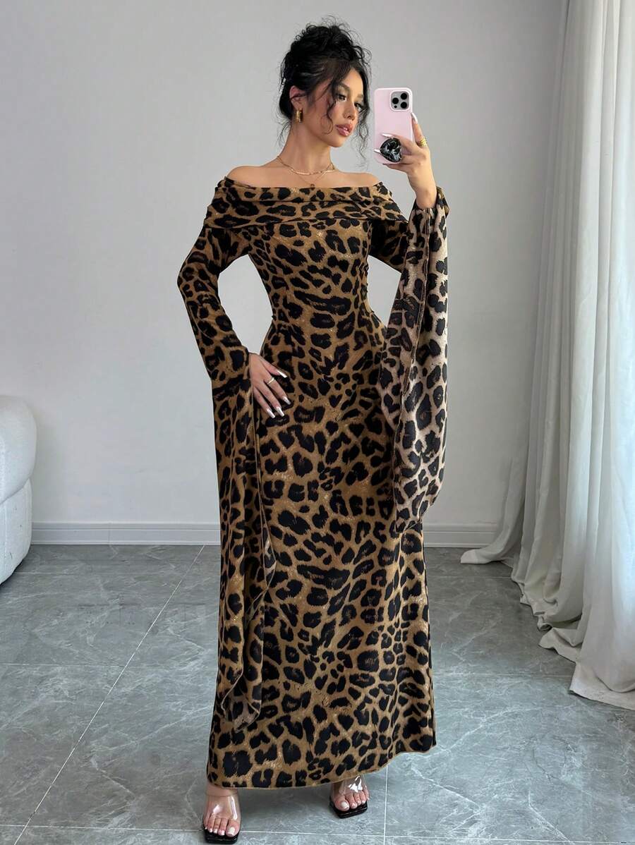 SHEIN Elenzga فستان ماكسي بطبعة نمر وأكمام متدلية