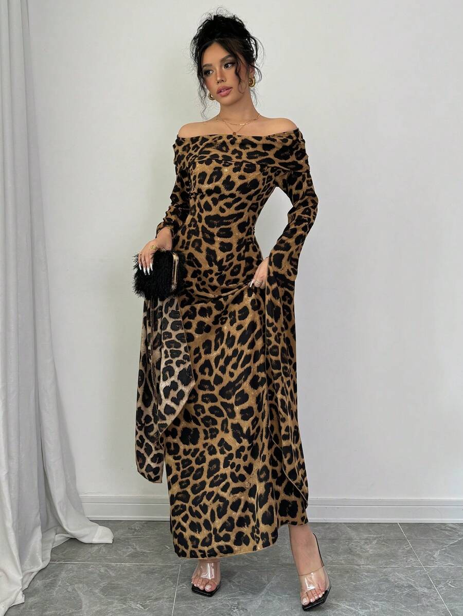 SHEIN Elenzga فستان ماكسي بطبعة نمر وأكمام متدلية