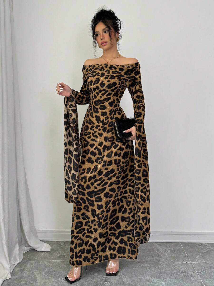 SHEIN Elenzga فستان ماكسي بطبعة نمر وأكمام متدلية