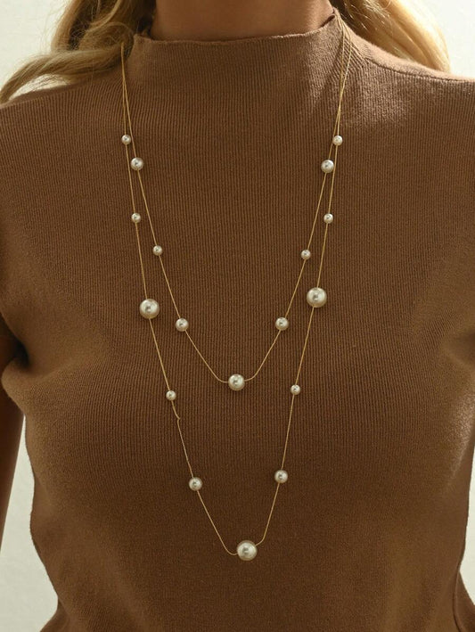 SHEIN قلادة مزدوجة مطلية ذهبية عيار 18 مع لؤلؤ