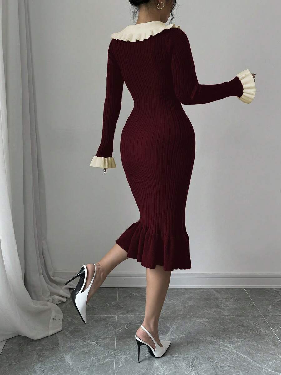 SHEIN Selianne فستان تريكو عنابي بتنورة حورية بتصميم ألوان متداخلة