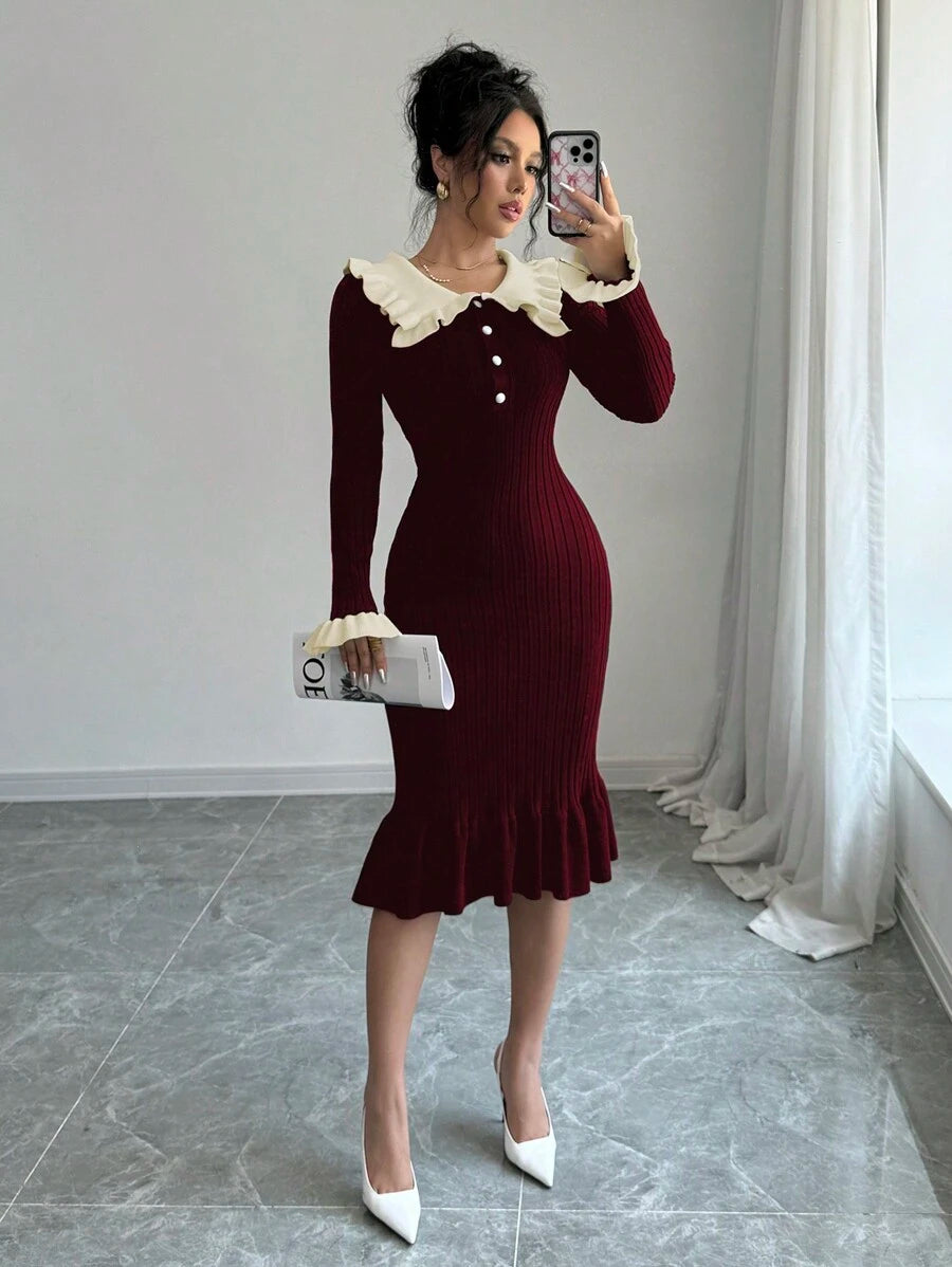 SHEIN Selianne فستان تريكو عنابي بتنورة حورية بتصميم ألوان متداخلة