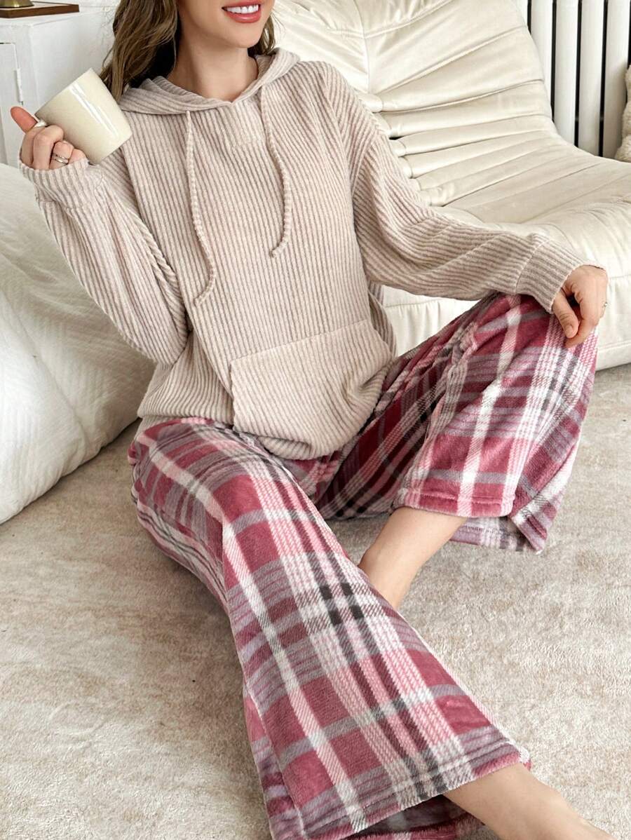 SHEIN طقم بيجامة 2 قطعة بلوزة كابوشون وبنطال واسع مبطن بالفرو