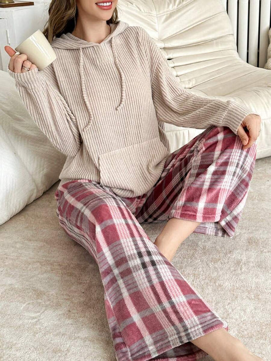 SHEIN طقم بيجامة 2 قطعة بلوزة كابوشون وبنطال واسع مبطن بالفرو