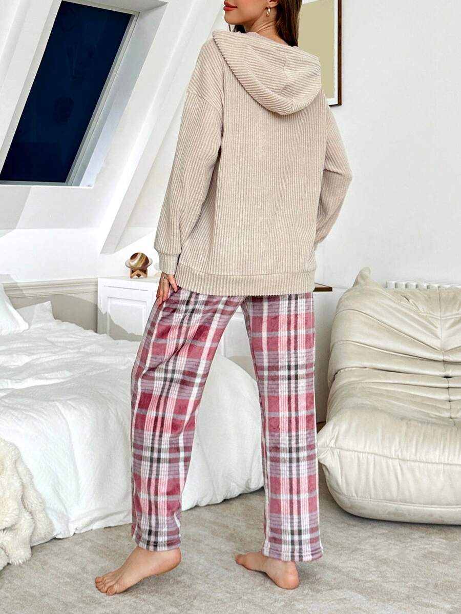 SHEIN طقم بيجامة 2 قطعة بلوزة كابوشون وبنطال واسع مبطن بالفرو