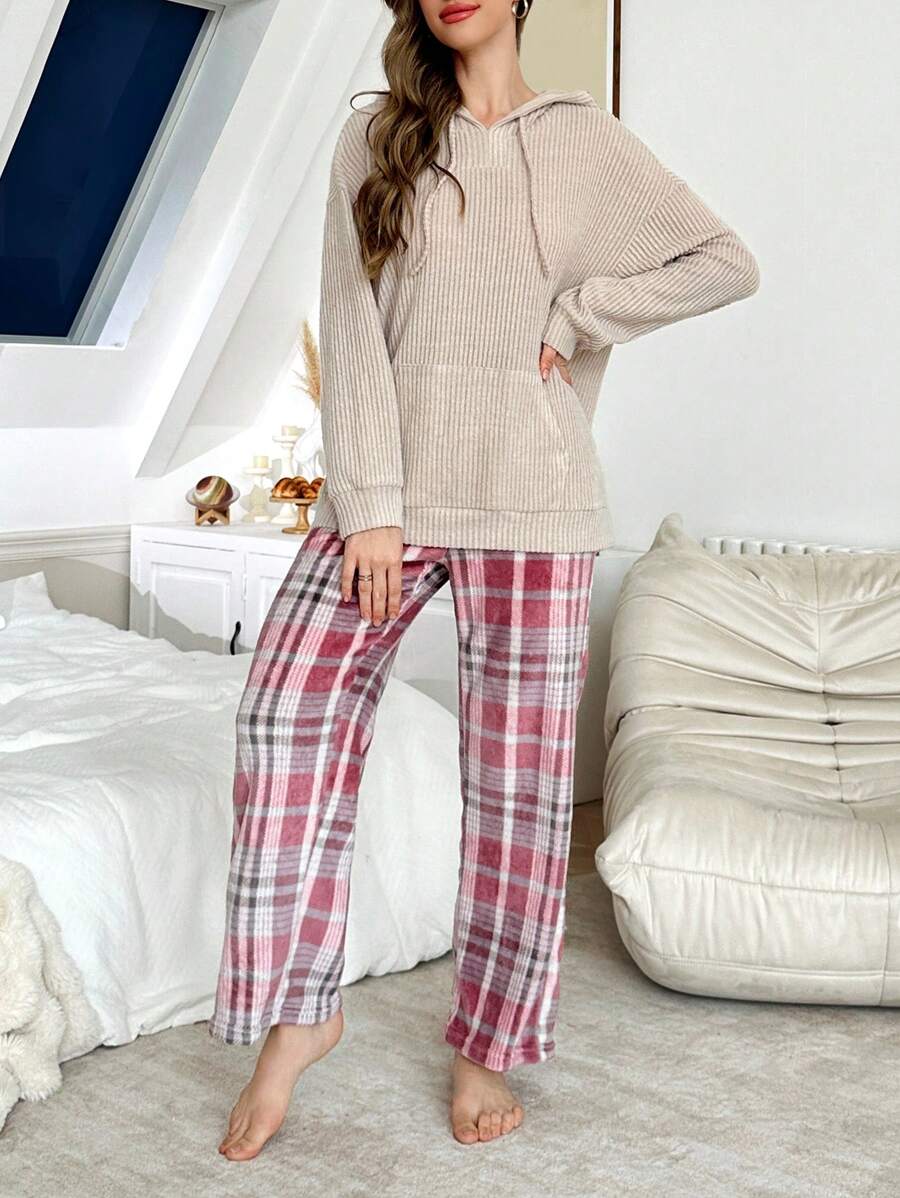 SHEIN طقم بيجامة 2 قطعة بلوزة كابوشون وبنطال واسع مبطن بالفرو