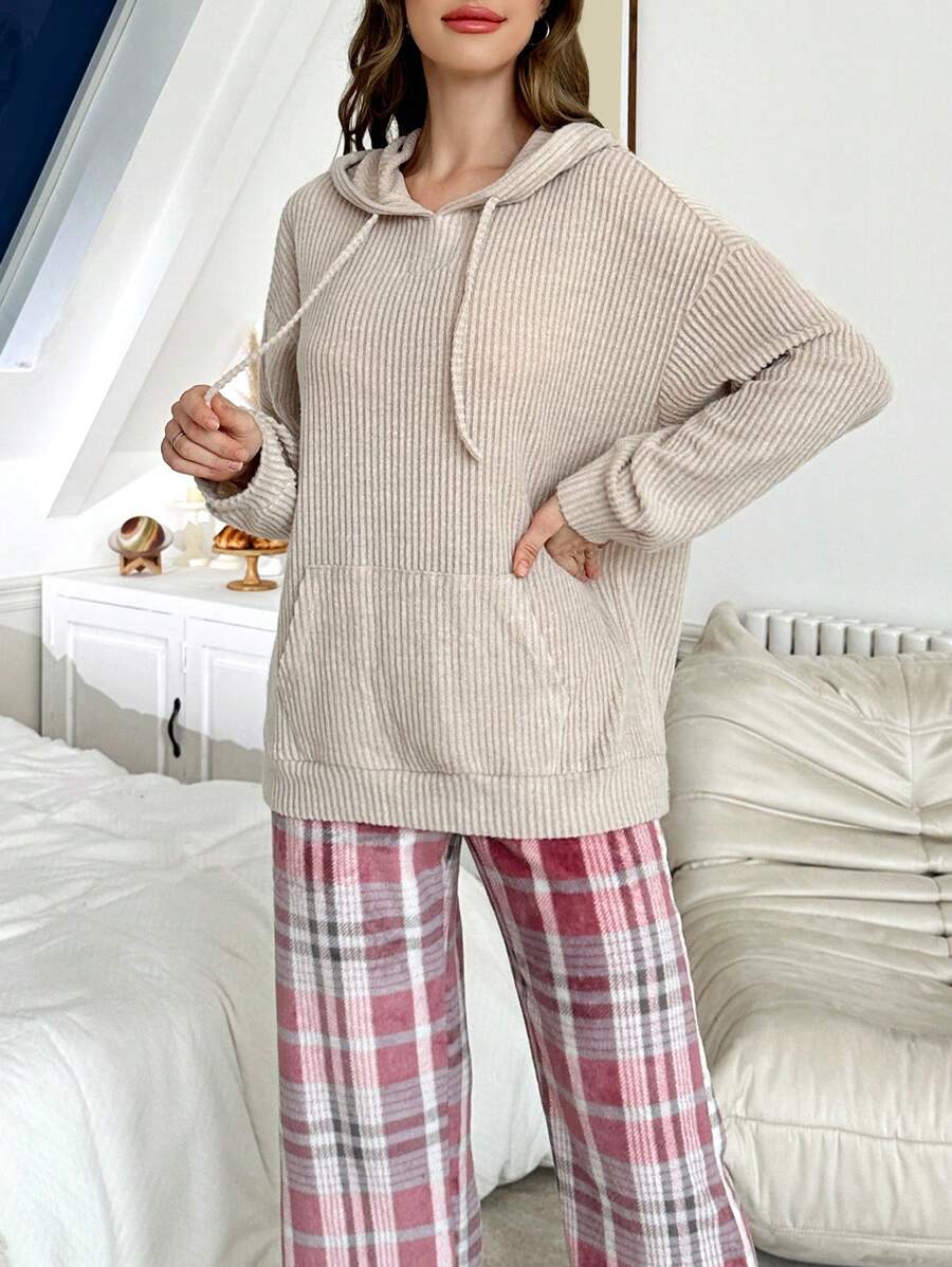 SHEIN طقم بيجامة 2 قطعة بلوزة كابوشون وبنطال واسع مبطن بالفرو