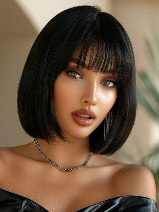 SHEIN باروكة قصيرة شعر مستقيم أسود مع غرة مقاومة للحرارة