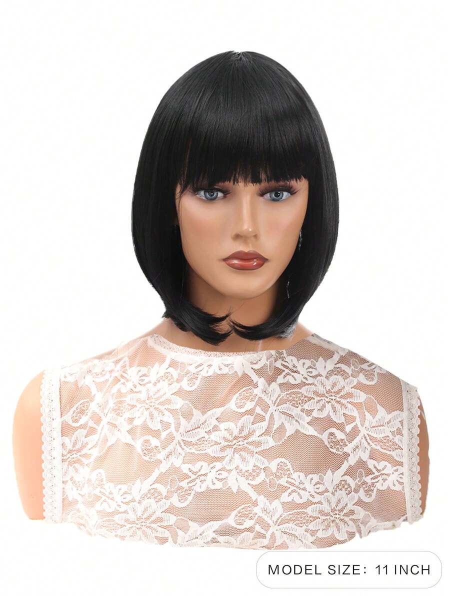 SHEIN باروكة قصيرة شعر مستقيم أسود مع غرة مقاومة للحرارة