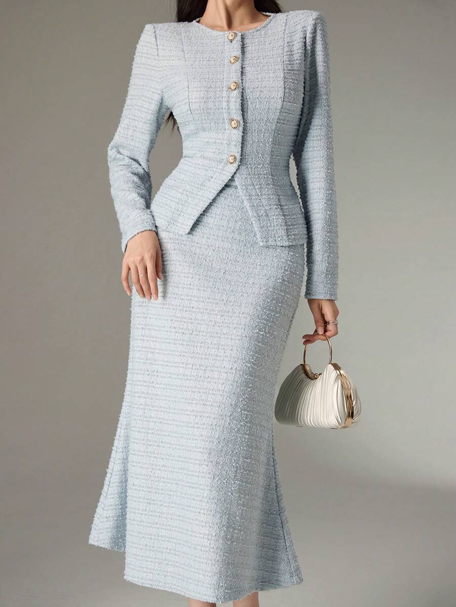 SHEIN Heiryn طقم 2 قطعة ملابس علوية بأزرار وخصر مربوط وتنورة ذيل السمكة