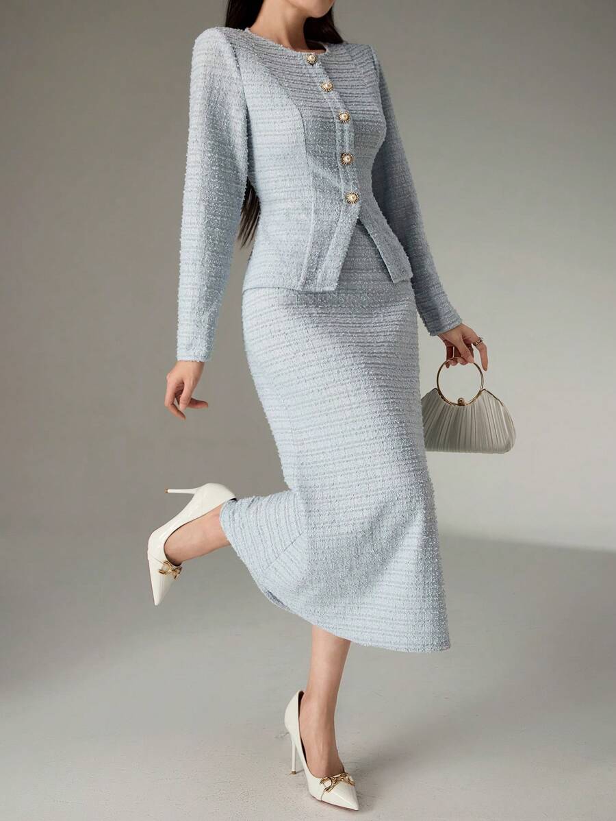 SHEIN Heiryn طقم 2 قطعة ملابس علوية بأزرار وخصر مربوط وتنورة ذيل السمكة