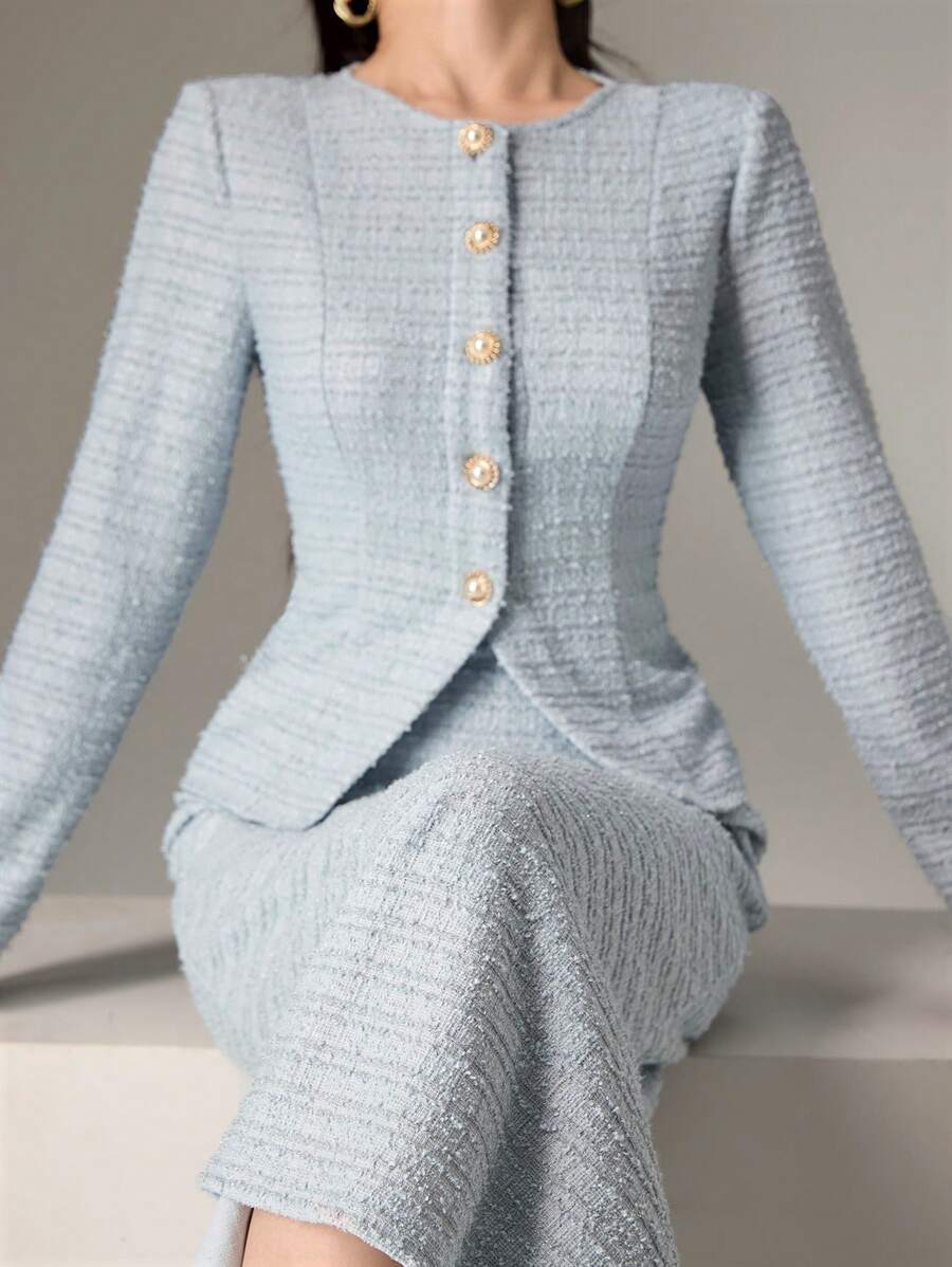 SHEIN Heiryn طقم 2 قطعة ملابس علوية بأزرار وخصر مربوط وتنورة ذيل السمكة