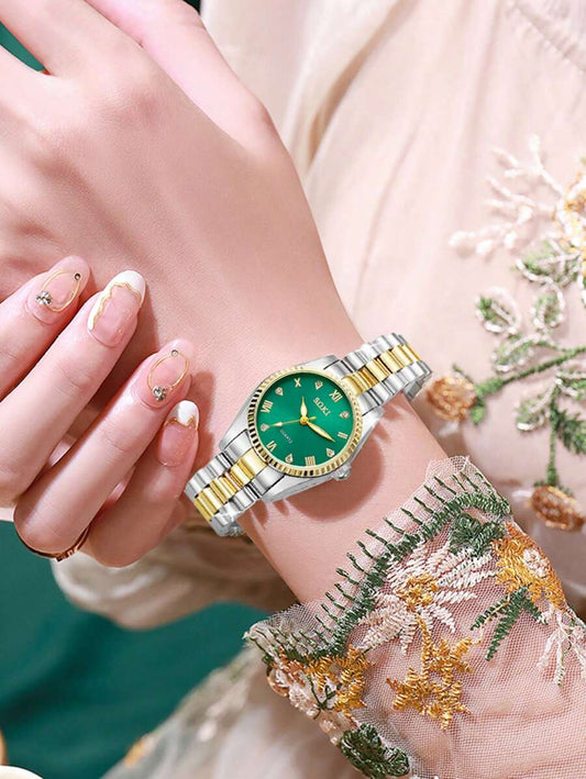 SHEIN ساعة نسائية خضراء فاخرة مرصعة بالكامل