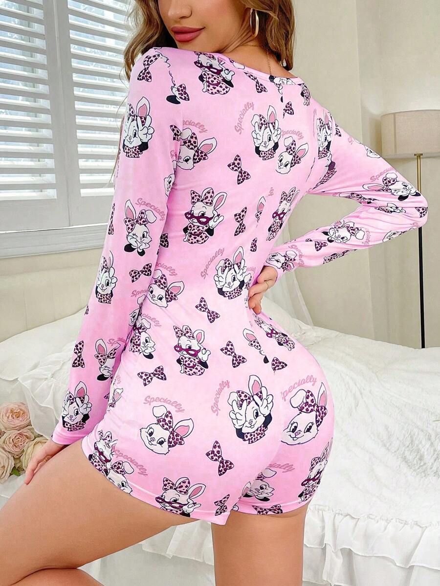 SHEIN رومبير نوم بأكمام طويلة وأزرار أمامية بطبعة أرنب