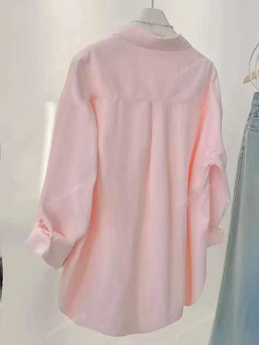 SHEIN قميص نسائي طويل الأكمام مزين بأزرار
