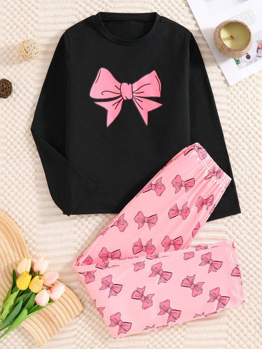 SHEIN طقم ملابس للبنات قطعتين توب بأكمام طويلة وبنطلون زهري