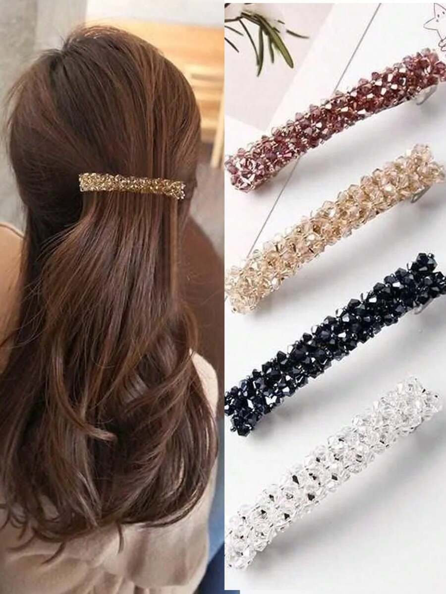 SHEIN طقم 4 قطع مشابك شعر مزينة خرز بلوري لامعة