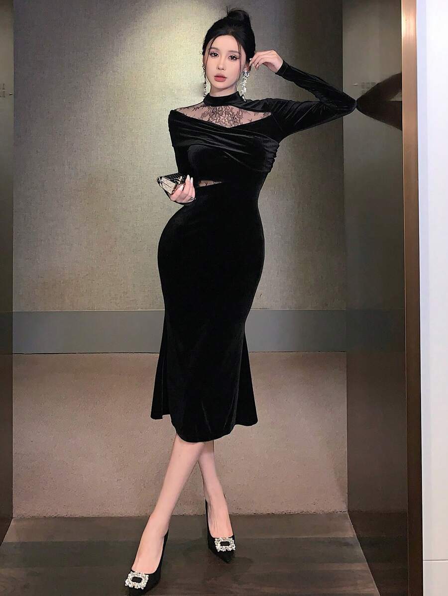 SHEIN DAZY فستان أسود أنيق بياقة عالية وأكمام طويلة من قماش الدانتيل