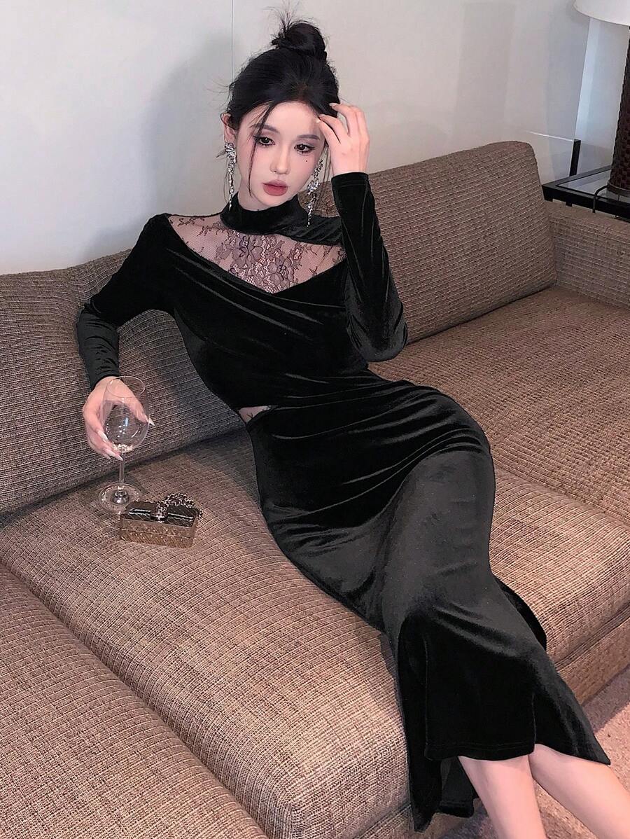 SHEIN DAZY فستان أسود أنيق بياقة عالية وأكمام طويلة من قماش الدانتيل