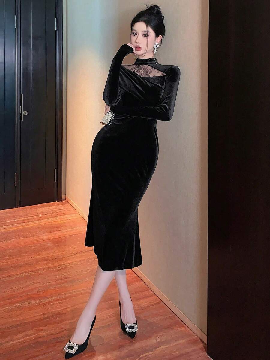 SHEIN DAZY فستان أسود أنيق بياقة عالية وأكمام طويلة من قماش الدانتيل