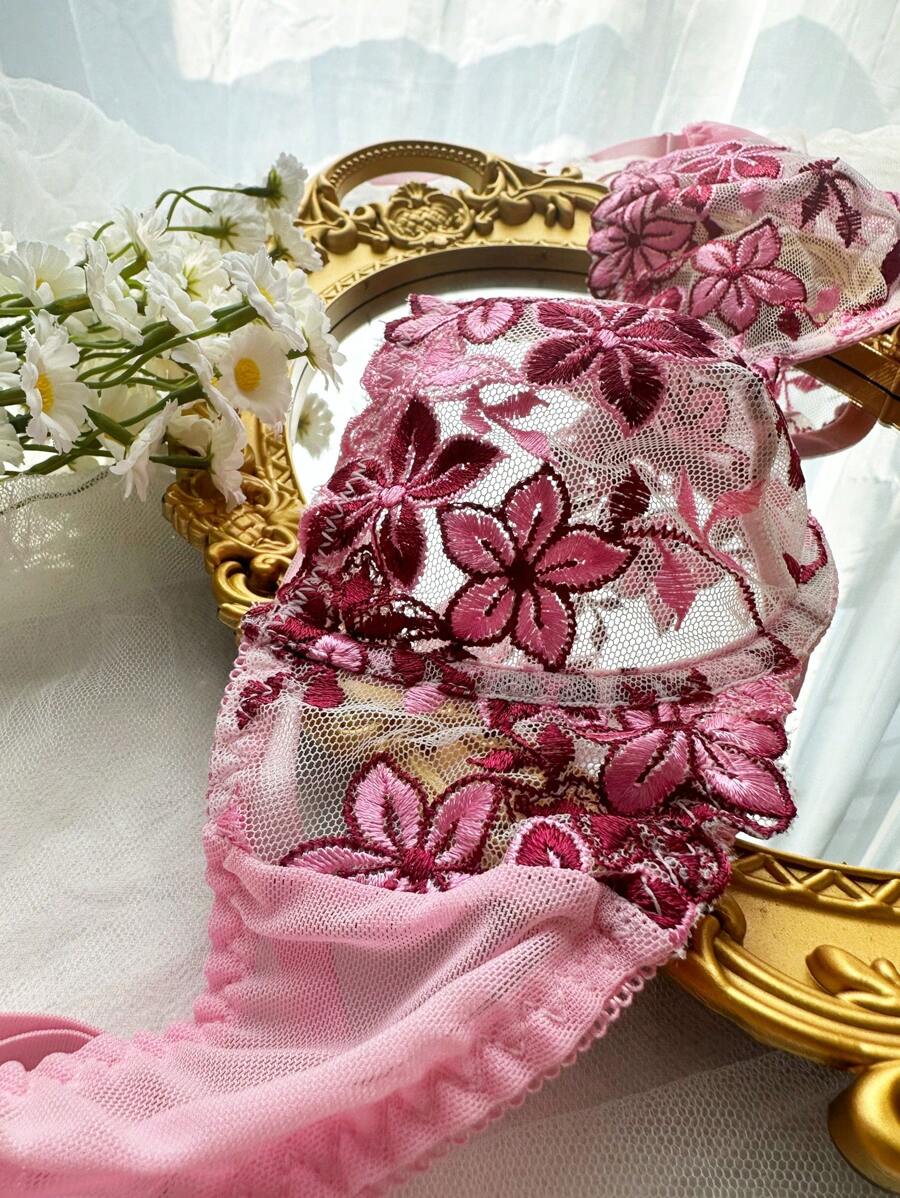 SHEIN طقم لانجري دانتيل شفاف مطرز بلمسة رومانسية (قطعتان)