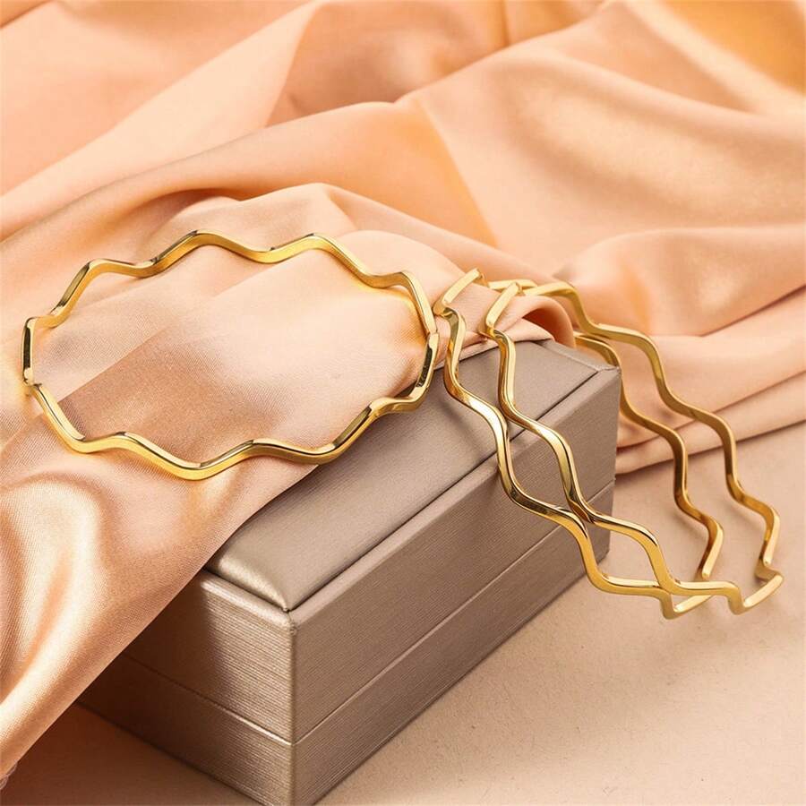 SHEIN طقم 3 أساور فولاذ مطلي بتصميم موجي