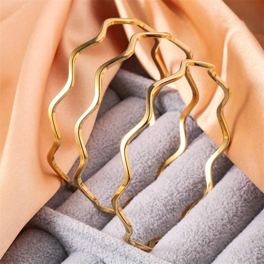 SHEIN طقم 3 أساور فولاذ مطلي بتصميم موجي