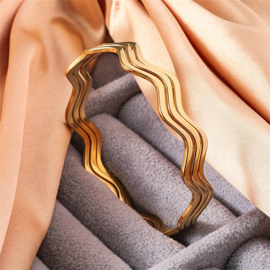 SHEIN طقم 3 أساور فولاذ مطلي بتصميم موجي