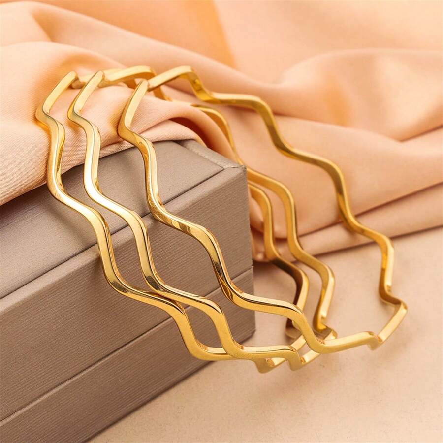 SHEIN طقم 3 أساور فولاذ مطلي بتصميم موجي